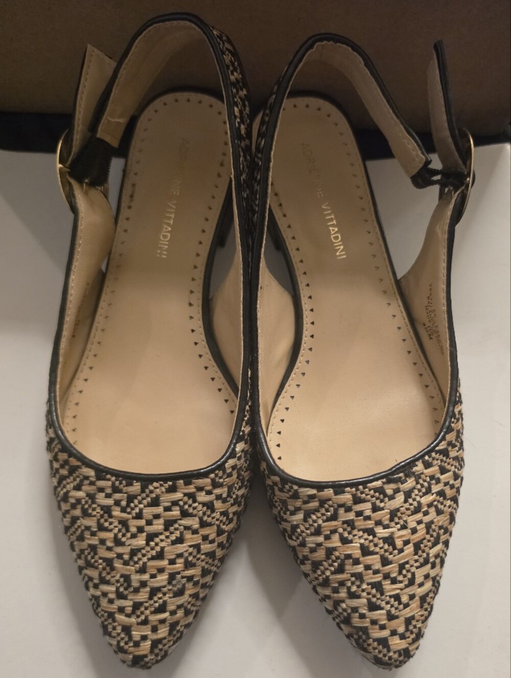 Adrienne Vittadini Black & Beige Woven Pointed Slingback Flats